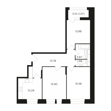 Трёхкомнатная квартира 75.63 м²