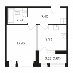 Однокомнатная квартира 36.59 м²