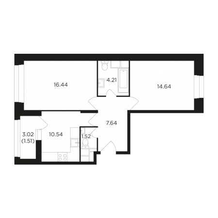 Двухкомнатная квартира 56.55 м²