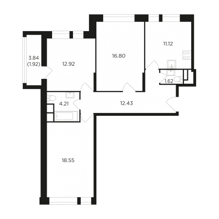 Трёхкомнатная квартира 79.62 м²