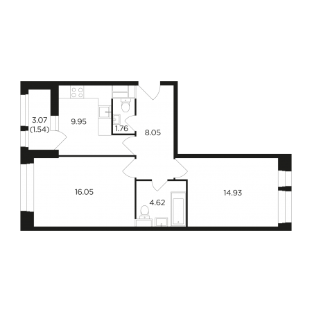 Двухкомнатная квартира 56.9 м²