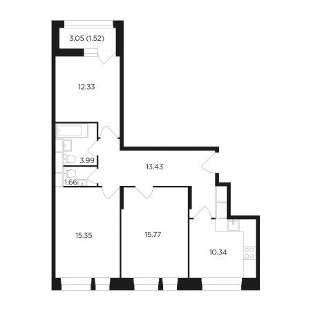 Трёхкомнатная квартира 74.39 м²