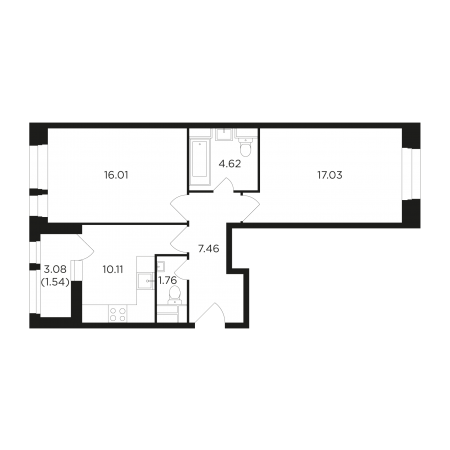 Двухкомнатная квартира 58.53 м²