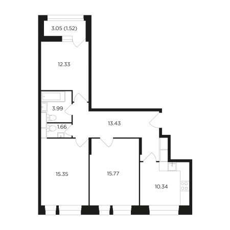 Трёхкомнатная квартира 74.39 м²