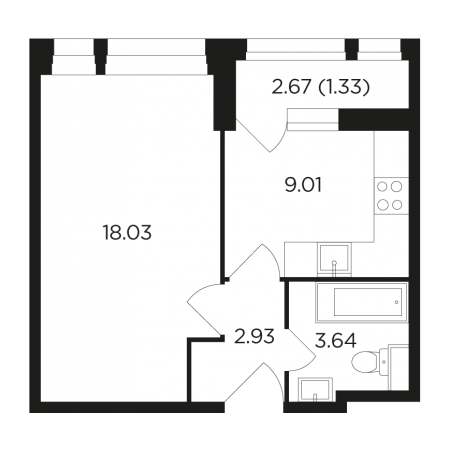 Однокомнатная квартира 34.94 м²