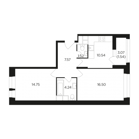 Двухкомнатная квартира 56.66 м²