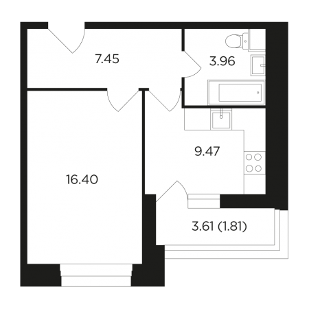 Однокомнатная квартира 39.09 м²